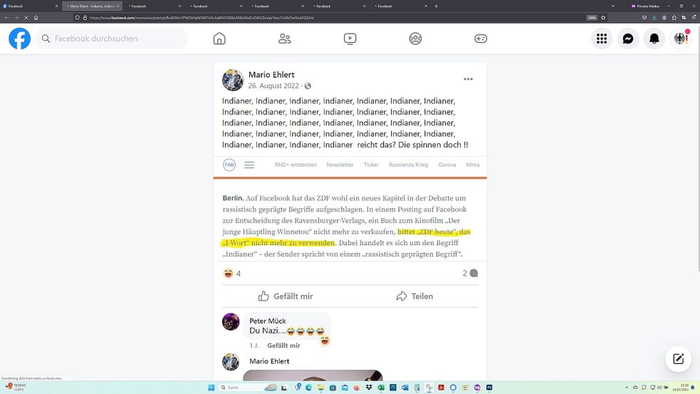 Ein "Indianer"-Beitrag von "Rebel Souls"-Secretary Mario Ehlert wurde von Club-"President" Peter Mück – offensichtlich scherzhaft – mit "Du Nazi" kommentiert. Foto: Screenshot vom 19.02.2024 / Quelle: Facebook-Seite von Mario Ehlert
