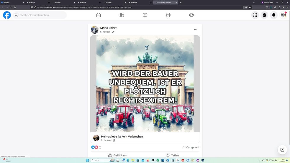 "Rebel Soul" Mario Ehlert hat einen Beitrag der Facebook-Seite "Heimatliebe ist kein Verbrechen" geteilt. Foto: Screenshot vom 19.02.2024 / Quelle: Facebook-Seite von Mario Ehlert