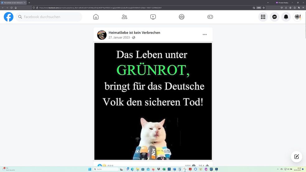 Ein Facebook-Beitrag auf der Seite "Heimatliebe ist kein Verbrechen". Foto: Screenshot vom 06.03.2024 / Quelle: Facebook-Seite "Heimatliebe ist kein Verbrechen"
