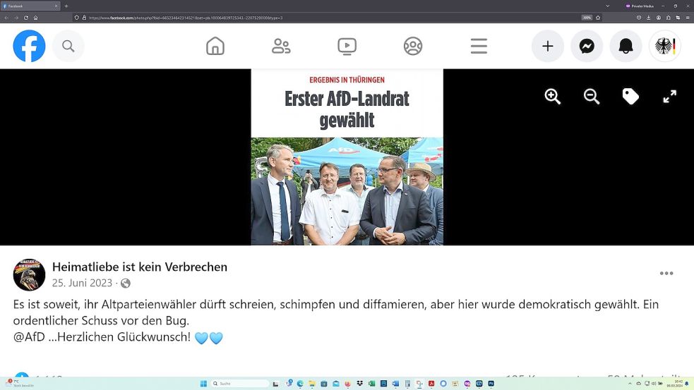 Auf der Facebook-Seite von "Heimatliebe ist kein Verbrechen" wurde der rechtsextremen AfD zum ersten Landrat gratuliert. Foto: Screenshot vom 06.03.2024 / Quelle: Facebook-Seite "Heimatliebe ist kein Verbrechen"