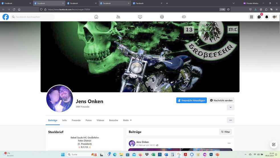 Als "V. President", also Vize-Präsi des "Rebel Souls MC Großefehn" stellt sich Jens Onken auf Facebook vor. Foto: Screenshot vom 08.02.2024 / Quelle: Facebook-Seite von Jens Onken / Pixelung: OZ