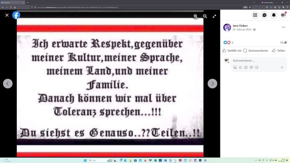 Die schwarz-weiß-rote Reichsfahne ist bei Rechtsextremisten beliebt. "Rebel Souls"-Vize Jens Onken hat in dieser Optik am 25. Februar 2023 einen Facebook-Post abgesetzt, in dem er Respekt gegenüber seinem Land einfordert – erst danach "können wir mal über Toleranz sprechen". Foto: Screenshot vom 19.02.2024 / Quelle: Facebook-Seite von Jens Onken