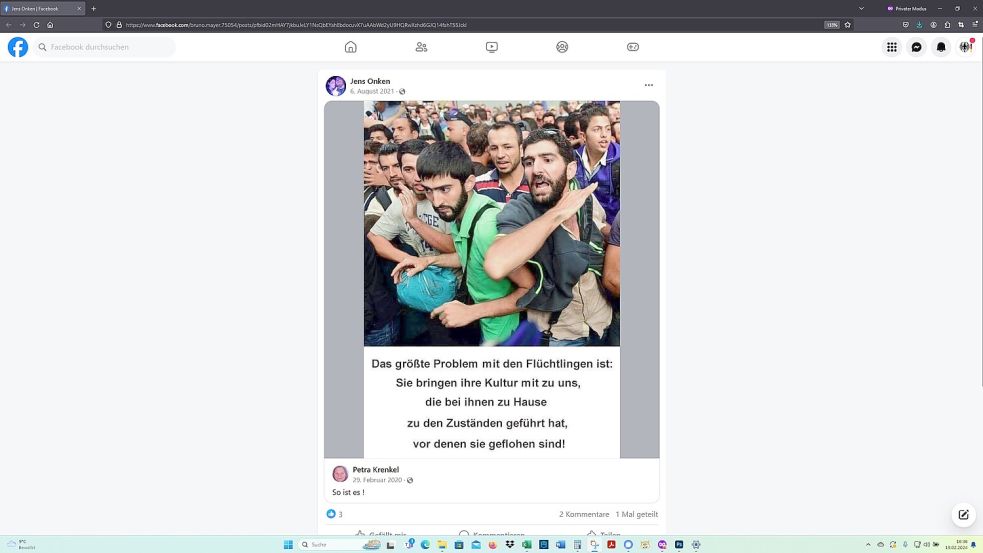 "Rebel Souls"-Vize Jens Onken hat am 6. August 2021 einen flüchtlingsfeindlichen Facebook-Beitrag geteilt. Foto: Screenshot vom 19.02.2024 / Quelle: Facebook-Seite von Jens Onken