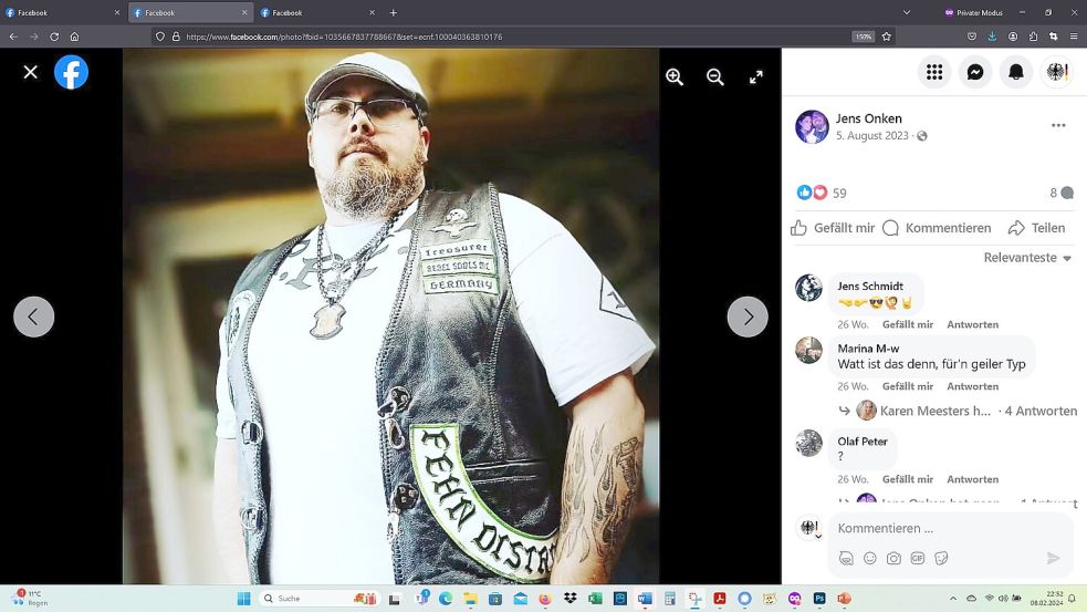 Jens Onken hat dieses Foto am 5. August 2023 auf Facebook veröffentlicht. Damals war er – seiner Kutte nach – noch "Treasurer" (Schatzmeister) beim "Rebel Souls MC" und nicht "Vice-President". Er trägt Totenkopf und Adler. Foto: Screenshot vom 08.02.2024 / Quelle: Facebook-Seite von Jens Onken