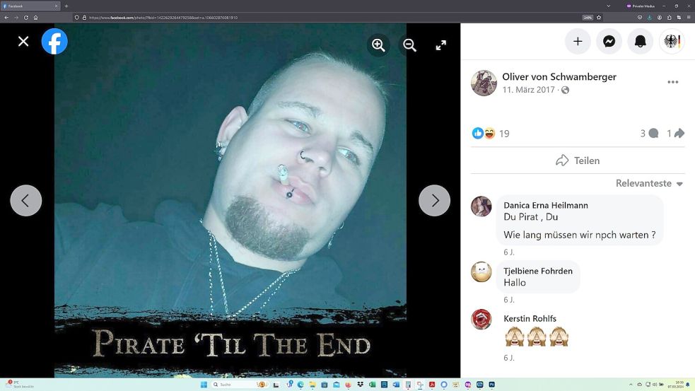 Oliver (von) Schwamberger in seiner Piraten-Phase. Zwischenzeitlich hat er die Totenköpfe getauscht – und ist "Sergeant at Arms" des "Rebel Souls MC" geworden. Foto: Screenshot am 07.03.2024 / Quelle: Facebook-Seite von Oliver von Schwamberger
