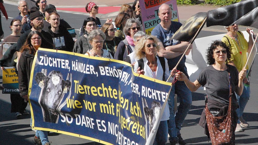 Die Demonstranten zeigen Transparente mit schweren Vorwürfen.