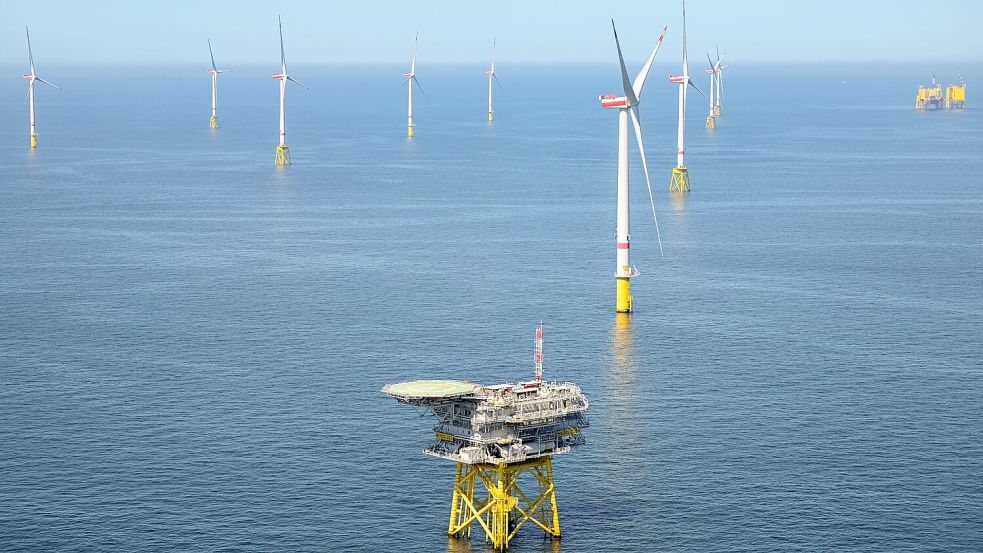 Blick aus einem Hubschrauber auf den Offshore-Windpark Borkum Riffgrund 2. Die dritte Teilfläche soll noch größer werden. Foto: Mohssen Assanimoghaddam/dpa