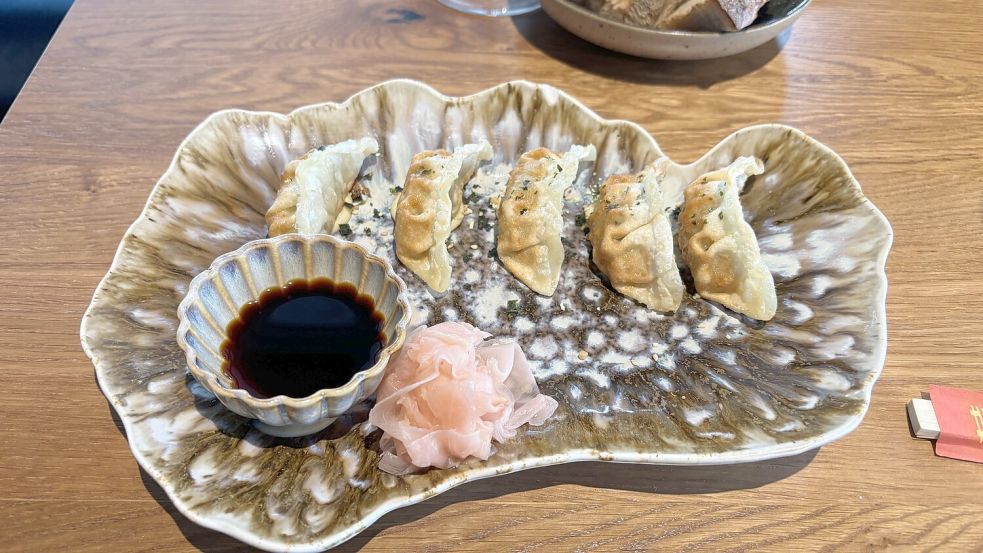 Die Vorspeise: „Chicken Gyoza, Soya und Wasabi-Mayo“. Foto: Bothe