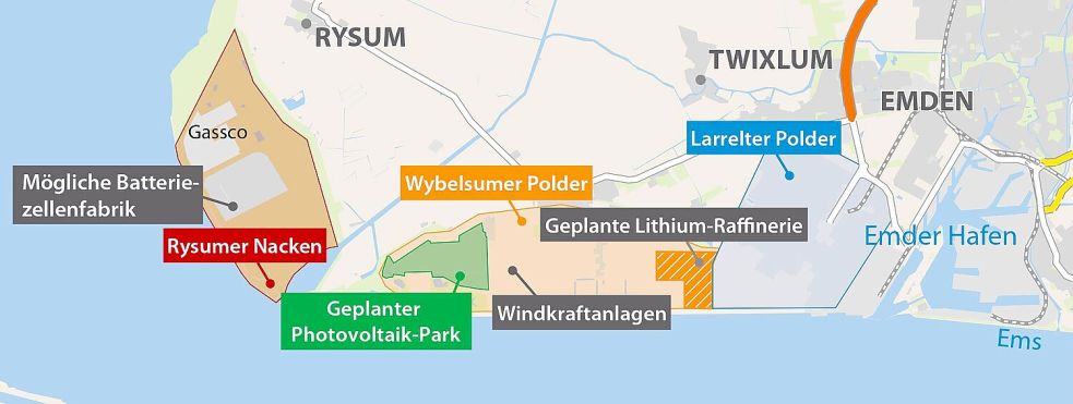 Auf den Industrieflächen des Wybelsumer Polders und Rysumer Nackens gibt es Pläne für Ansiedlungen. Grafik: Archiv