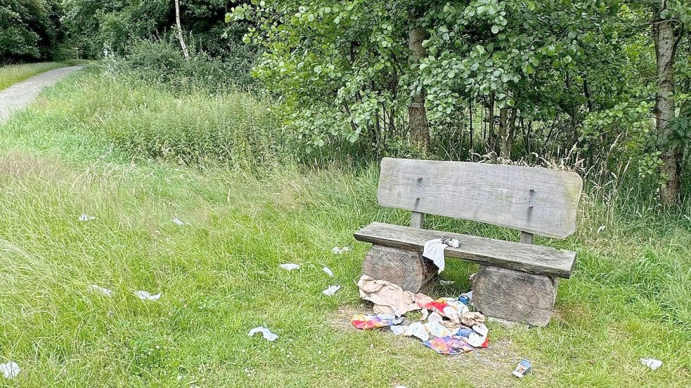 Die Rest eines Fast-Food-Dinners: Immerhin steht diese Bank noch. An anderer Stelle wurde nicht nur Müll hinterlassen, sondern die Bank aus der Verankerung gerissen. Foto: privat