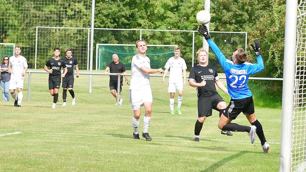 Der TSV Friesenstolz Riepe (blaues Trikot Torwart Lukas Christians) fuhr beim FC Loquard einen 5:1-Auswärtssieg ein. Foto: Wagenaar