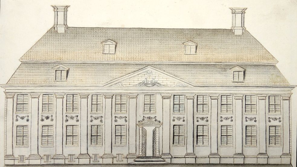 Zeichnung der Fassade des Waisenhauses (W. C. Schneider, 1714, aus: Rechnung der Einnahm und Aus-Gabe des Waysenhauses zu Esens). Foto: Landschaftsbibliothek