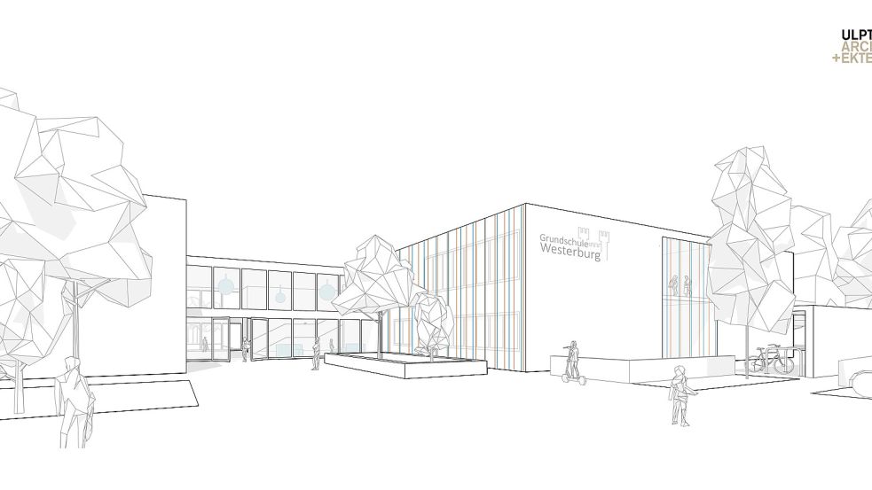 Der geplante neue Haupteingang der Westerburgschule. Hinter dem Baum links befindet sich das Bestandsgebäude, mittig die verglaste neue Pausenhalle. Grafik: Ulpts Architekten GmbH