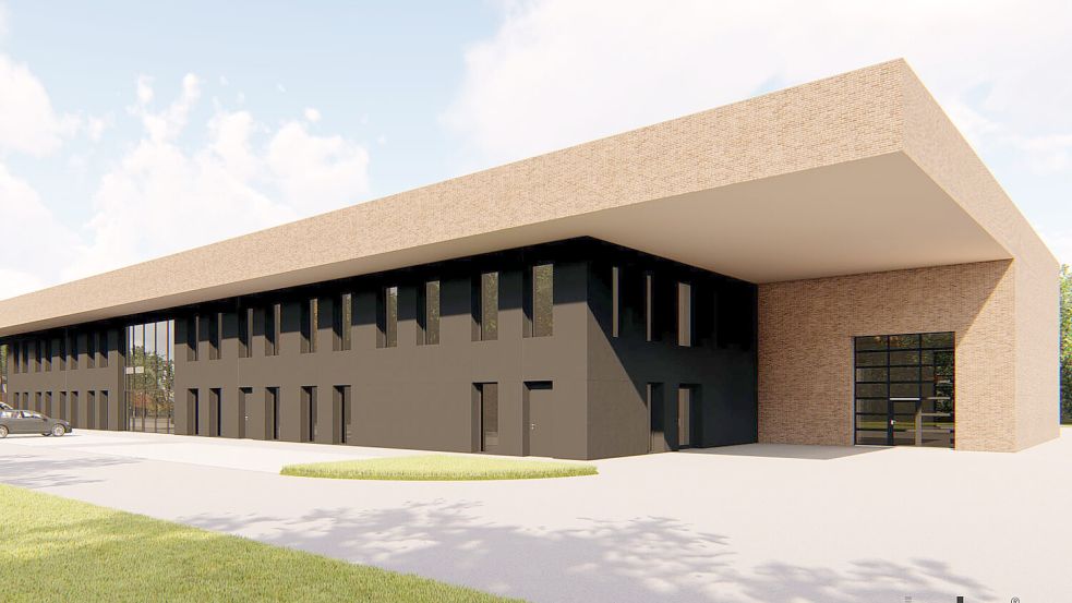 So sieht der Entwurf für die Feuerwehrtechnische Zentrale in Brinkum aus. Es gibt eine Variante mit dunklem Dach. Simulation: K-plan