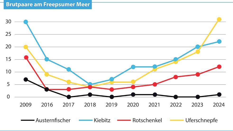 Das Jahr 2018 bildete den Tiefpunkt der Vogelpopulation am Freepsumer Meer. Seitdem geht es wieder bergauf. Grafik: Kreativgruppe/Heiko Ringena