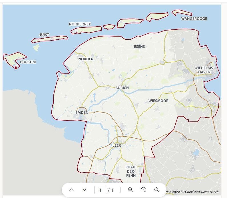 Der Gutachterausschuss für Grundstückswerte in Aurich ist zuständig für die Bereiche der kreisfreien Städte Emden und Wilhelmshaven sowie für die Landkreise Aurich, Friesland, Leer und Wittmund.