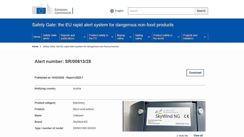 Screenshot der Sicherheitswarnung auf dem europaweiten Warnportal „Safety Gate“. Screenshot: Böning