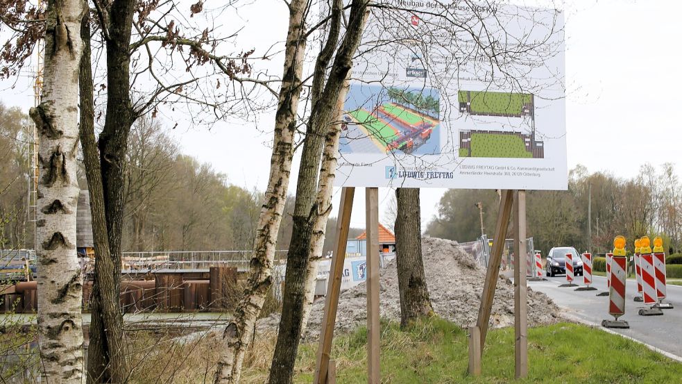 Blick auf das Baustellenschild des NLWKN an der Wiesmoorer Straße von Wiesmoor kommend. Foto: Böning