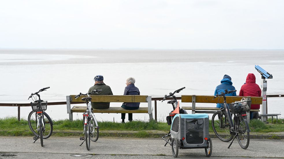 Radfahrer und Spaziergänger genießen auf der Bohrinsel Dyksterhusen den Blick auf das Deichvorland des Dollarts. Am Dienstagabend war in dem Gewässer vermeintlich ein Boot in Not geraten. Foto: dpa/Lars Penning