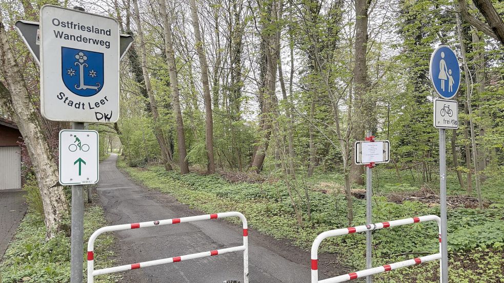 Der Ostfriesland-Wanderweg ist in Leer als Gehweg ausgewiesen. Fahrradfahrer dürfen ihn aber auch nutzen. Foto: Bothe