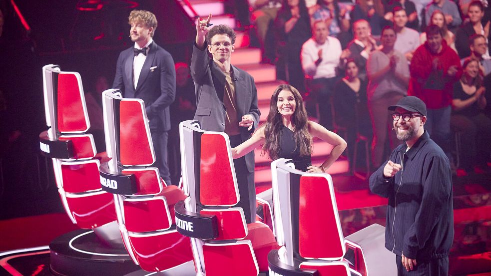 Die Jury der vergangenen Staffel „The Voice Of Germany“: Samu Haber , Kamrad, Yvonne Catterfeld und Mark Forster (v.l.n.r.). Foto: dpa/Jörg Carstensen