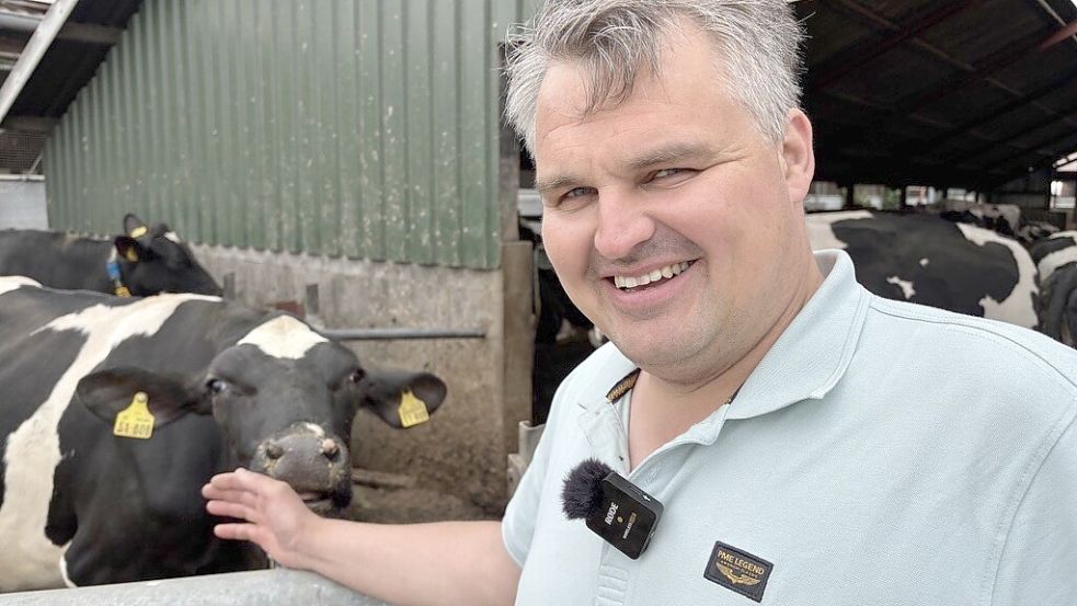 Landwirt Stefan Sweers aus Wybelsum liebt seine Tiere, wie er sagt. Aber beim Speichel hört die Freundschaft auf: Foto: Rilana Kubassa