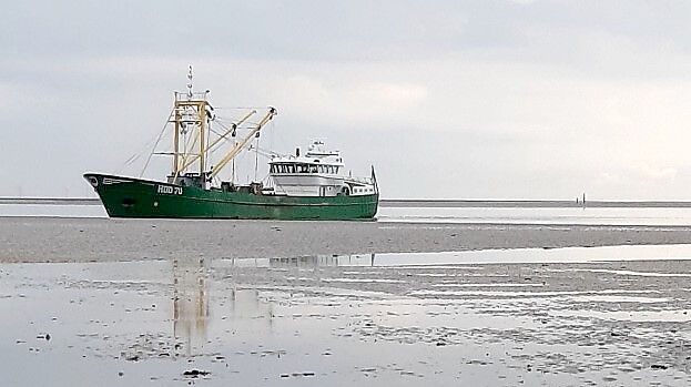 Ein Muschelkutter im Watt: In Hooksiel, in Greetsiel und in Norddeich wird noch Muschelfischerei betrieben. Foto: Niedersächsische Muschelfischer GbR