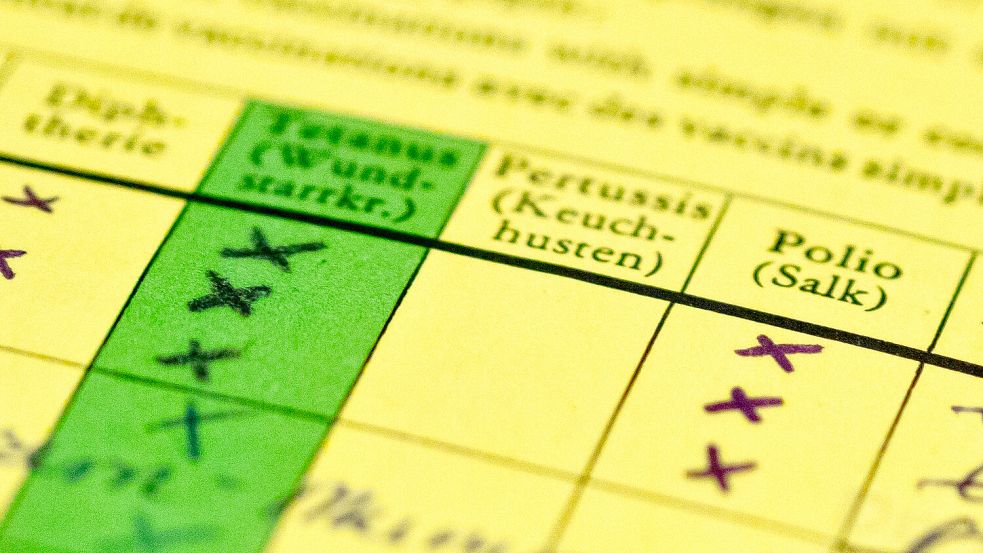 Ein Impfbuch mit markierten Feldern Diphtherie (l-r), Tetanus (Wundstarrkrampf), Pertussis (Keuchhusten), Polio und Masern liegt auf einem Tisch. Foto: Daniel Karmann/dpa