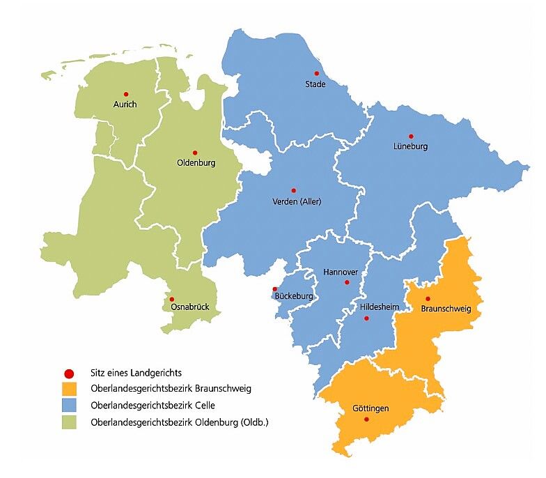 Die Staatsanwaltschaft Aurich ist im Bezirk der Generalstaatsanwaltschaft Oldenburg zuständig – auf der Karte grün markiert. Grafik: Land Niedersachsen