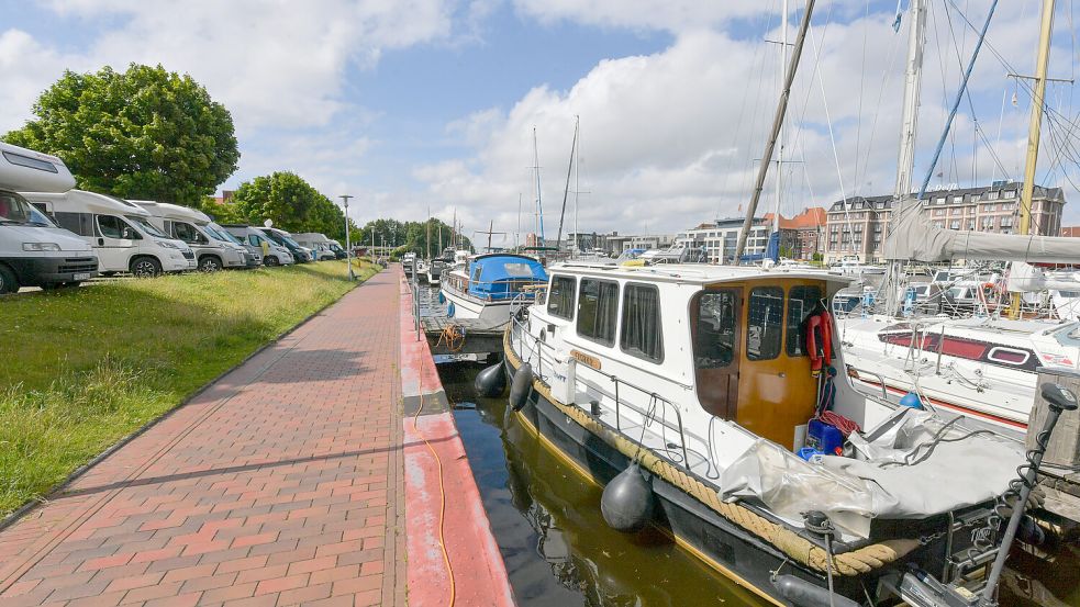 Eine bessere Lage gibt es in Emden kaum: Der Wohnmobilstellplatz grenzt an den Delft. Foto: Klaus Ortgies