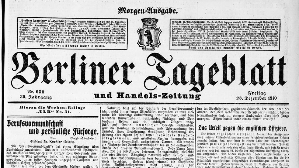 Das renommierte „Berliner Tageblatt“ berichtete auf der Titelseite des 22. Dezember 1910 und im Innenteil ausführlich über den Borkumer Spionageprozess. Foto: The Kruse