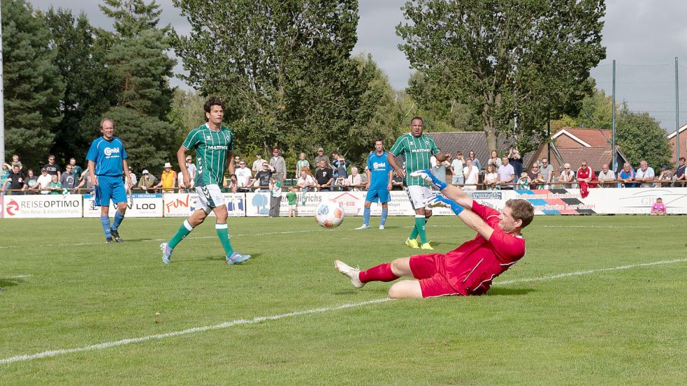 Werder agierte schwungvoll. In dieser Szene war Ostfriesen-Torhüter Heiner Husmann schwer gefordert. Foto: Lohmann