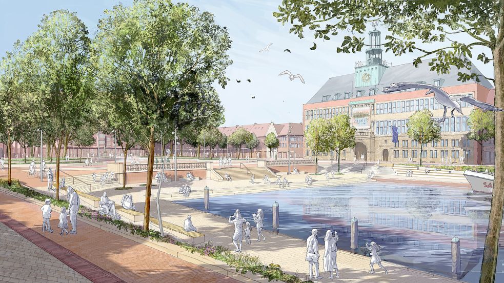 Bei dem historischen Bauprojekt wird sich das Gesicht der Stadt verändern, sagte Oberbürgermeister Tim Kruithoff. Hier ist der Blick auf die veränderte Delftpromenade und den neuen Hafenkopf. Grafik: Stadt Emden