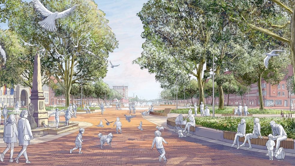 So könnte der Stadtgarten aussehen: grüner, barrierefrei, mit Sitzmöglichkeiten und einem zweiten Wasserspiel. Grafik: Stadt Emden
