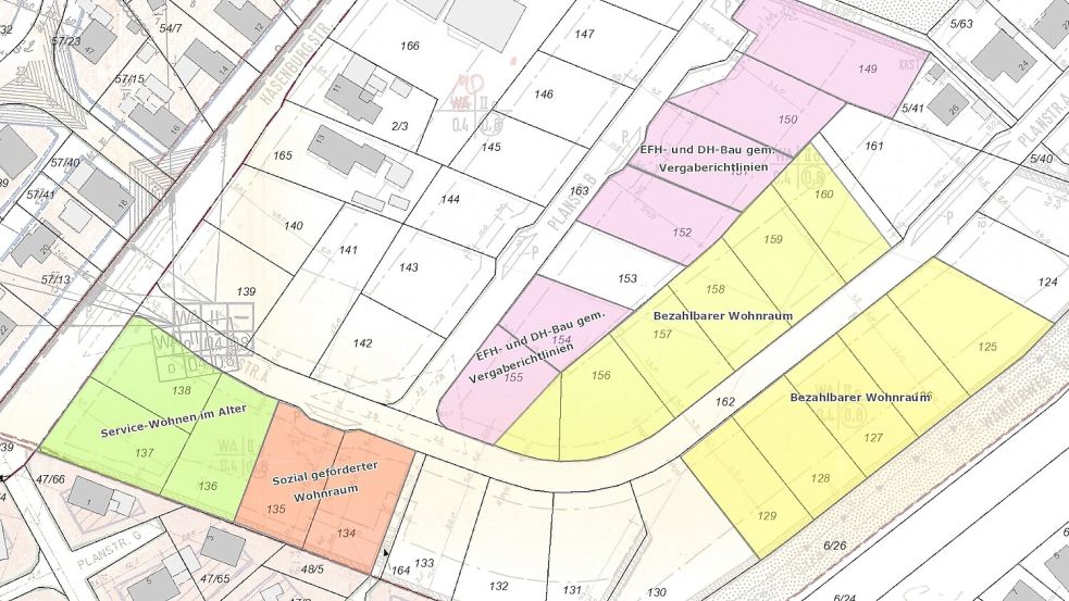 Links ist die Hasenburgstraße, rechts der Nordgeorgsfehnkanal: So soll der Platz im Quartier Hasenburg genutzt werden. Grafik: Gemeinde Uplengen/Archiv