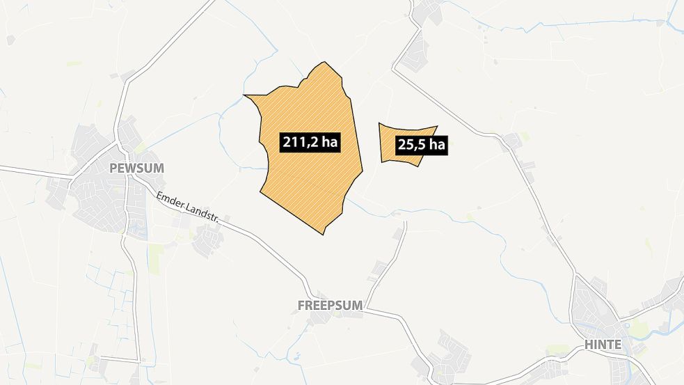 Rund 240 Hektar nördlich von Freepsum wurden im Mai 2025 vom Krummhörner Gemeinderat als potenzielle Flächen für Windkraft ausgewiesen. Grafik: Menninga