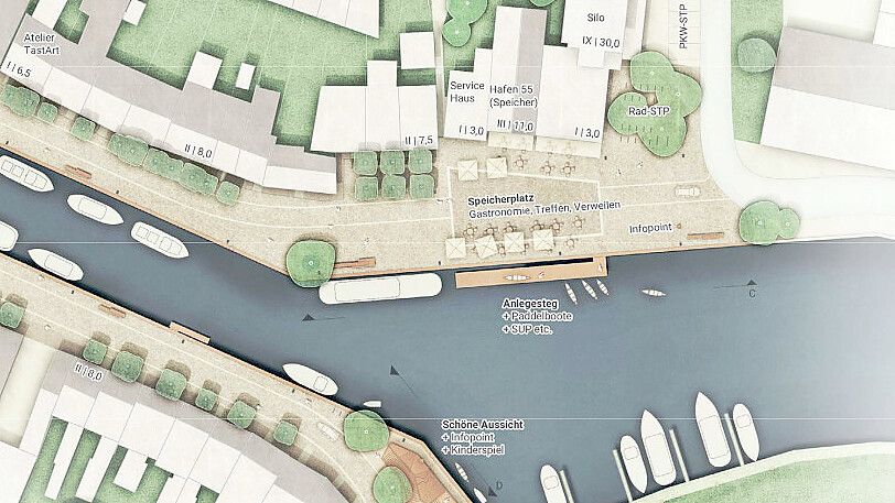 Nach den Vorstellungen der Planer, soll der Verkehr das Areal der Außengastronomie des "Hafen 55" durchschneiden. Planskizze: NSP Landschaftsarchitekten