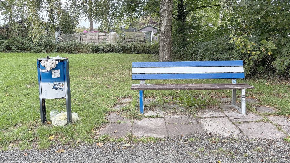 Ein überfüllter, beschmierter Mülleimer und eine der blau-weißen Bänke: So sieht es aktuell auf dem Treidelpadd in Barenburg aus. Foto: Stephanie Schuurman