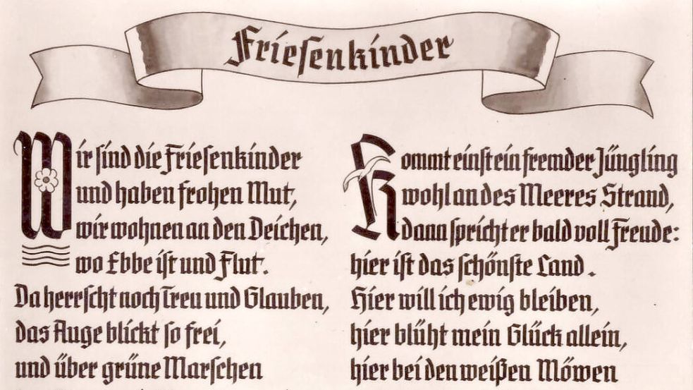 Ein Nachdruck des Liedtextes mit dem vermeintlichen Urheber auf einer Postkarte, die in den 1980er Jahren von Sylt verschickt wurde. Das Foto zeigt einen Ausschnitt der Postkarte. Quelle: privat/Archiv Jürgen