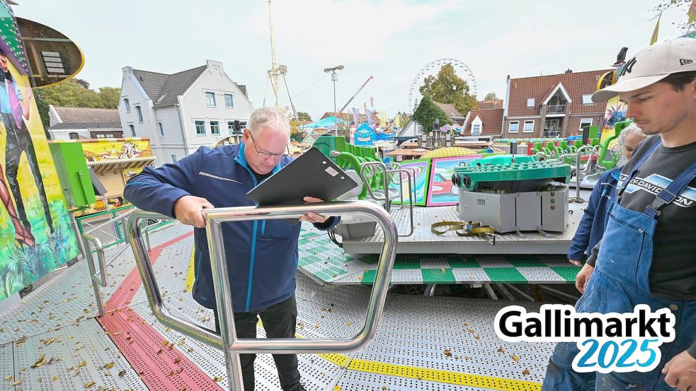 Stadtmitarbeiter Hartmut Lührs (links) schaut sich beim Fahrgeschäft „Take Off“ von Andreas Langenscheidt (rechts) ein Sicherheitsgitter an. Foto: Klaus Ortgies