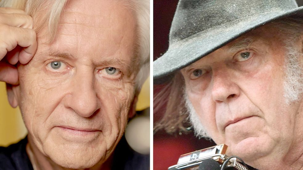 Heinz Rebellius (links) ist ausgewiesener Experte, wenn es um die Musik seines großen Vorbilds Neil Young (rechts) geht. Deshalb hat ihn der WDR fürs „Zeitzeichen“ konsultiert. Foto: Manfred Pollert, Nils Meilvang/SCANPIX DENMARK/dpa
