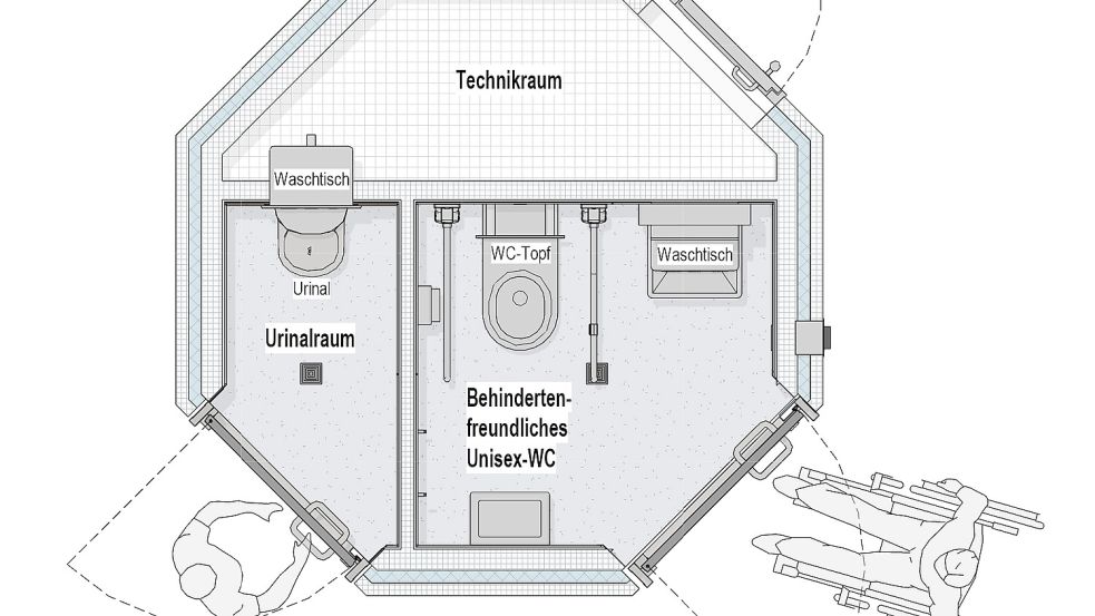 Praktisch: Wer das Pissoir benutzt, kann sich an derselben Stelle auch die Hände waschen. Skizze: Stadt Emden