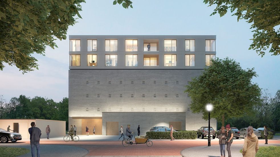 Nordseite: Der bebaute Bunker an der Friedrich-Ebert-Straße 91. Visualisierung: EBB