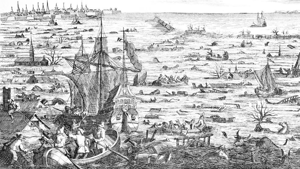 Dieser Kupferstich zeigt, wie es nach der Weihnachtsflut 1717 an der Nordseeküste aussah. Foto: Wikipedia/Open Source