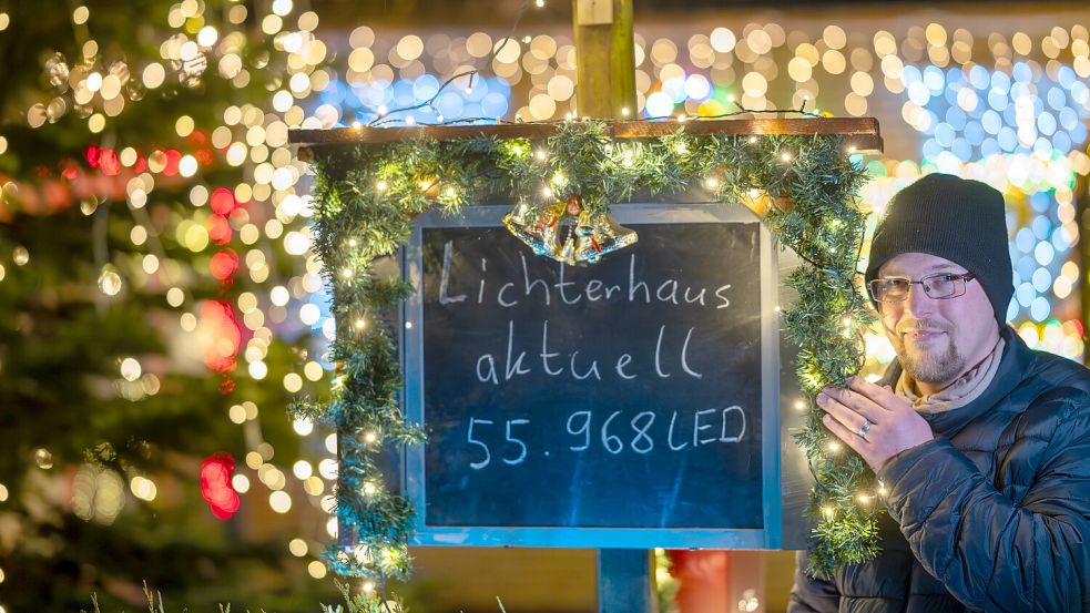 Klaas Behrends führt ganz genau Buch über die Anzahl der leuchtenden LEDs. Den aktuellen Stand notiert er auf einer Tafel neben der Auffahrt an der Stelzenwieke. Foto: Klaus Ortgies