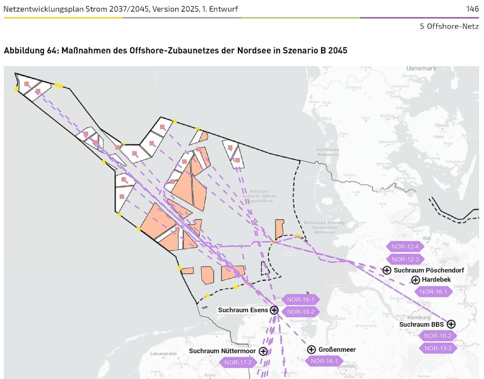 Der Suchraum Esens ist neu im Entwurf zum Netzentwicklungsplan 2037/2045 (2025). In Nortmoor soll ein Umspannwerk gebaut werden. Screenshot: Lars Löschen