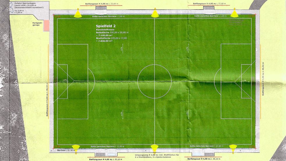 Das ist der Plan des Kunstrasenplatzes, der im Sportausschuss am Mittwoch, 14. Januar 2026, vorgestellt wurde. Grafik: Richter Sportstättenkonzepte