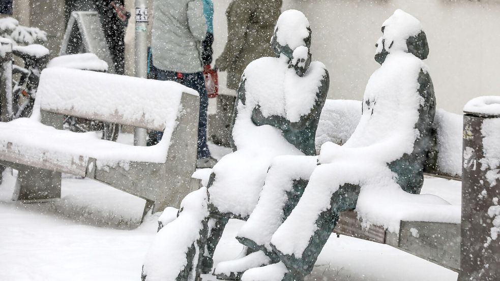 Auch das Moorbauernpaar – bekannter als "Oma und Opa" – waren am Mittwoch vom Schnee bedeckt. Foto: Claus Hock