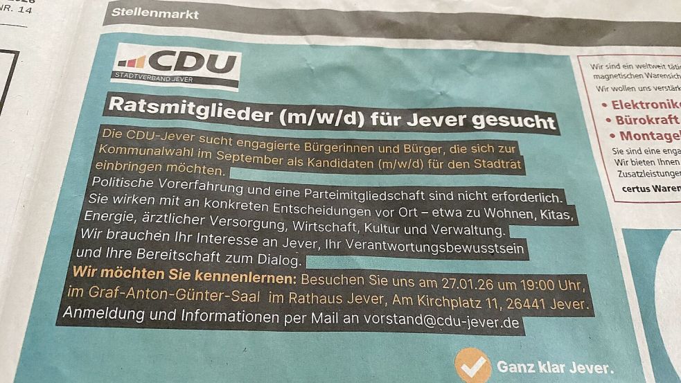 Diese Anzeige des CDU-Stadtverbandes Jever erschien am 17. Januar 2026 im „Jeverschen Wochenblatt“. Foto: Imke Oltmanns