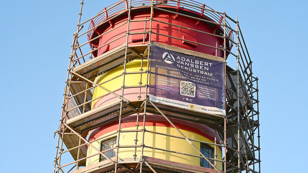 Der Pilsumer Leuchtturm präsentiert sich dieser Tage nicht gerade so, wie es sich Fotografen vielleicht vorstellen: Das beliebte Fotomotiv ist komplett eingerüstet. Foto: Heinz Wagenaar